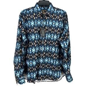 Luchiano Visconti Black Geometric Button Front Dress Shirt Sz Medium Black Blue